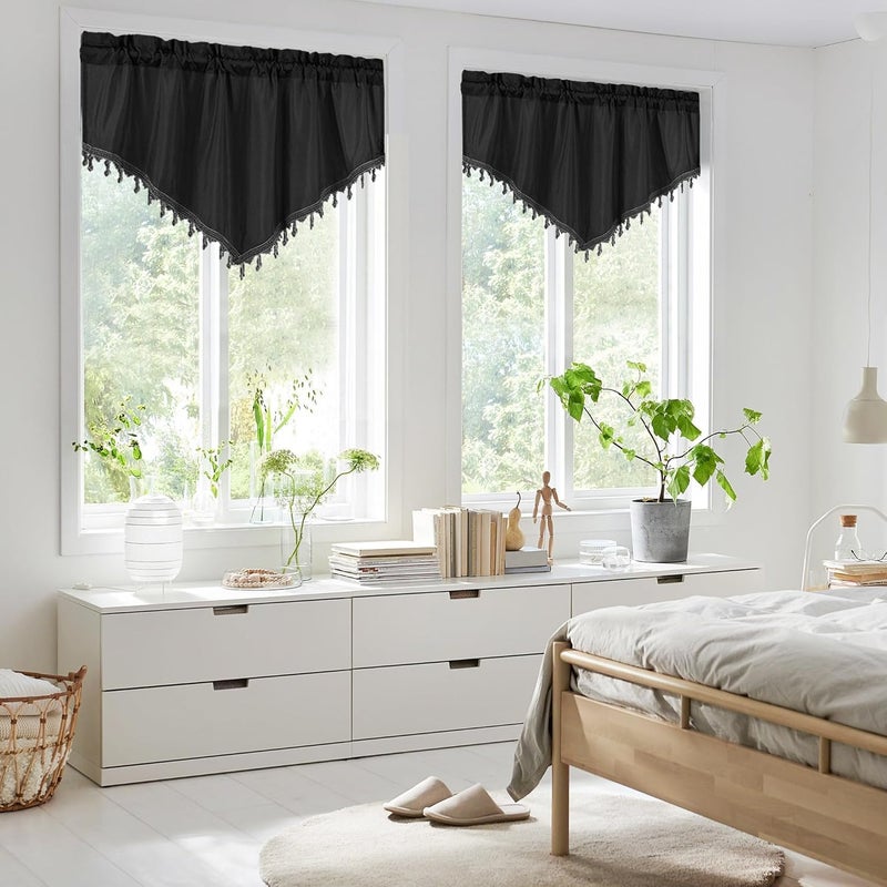 Molaxhome Valance Swag Curtain 51 Inch Scalloped Cloth Curtain Panels with Crystal Beads - Rod Pocket Farmhouse Window Treatment for Kitchen Bedroom 1pc Boho Chic Drape Decor 021Black - Image 2